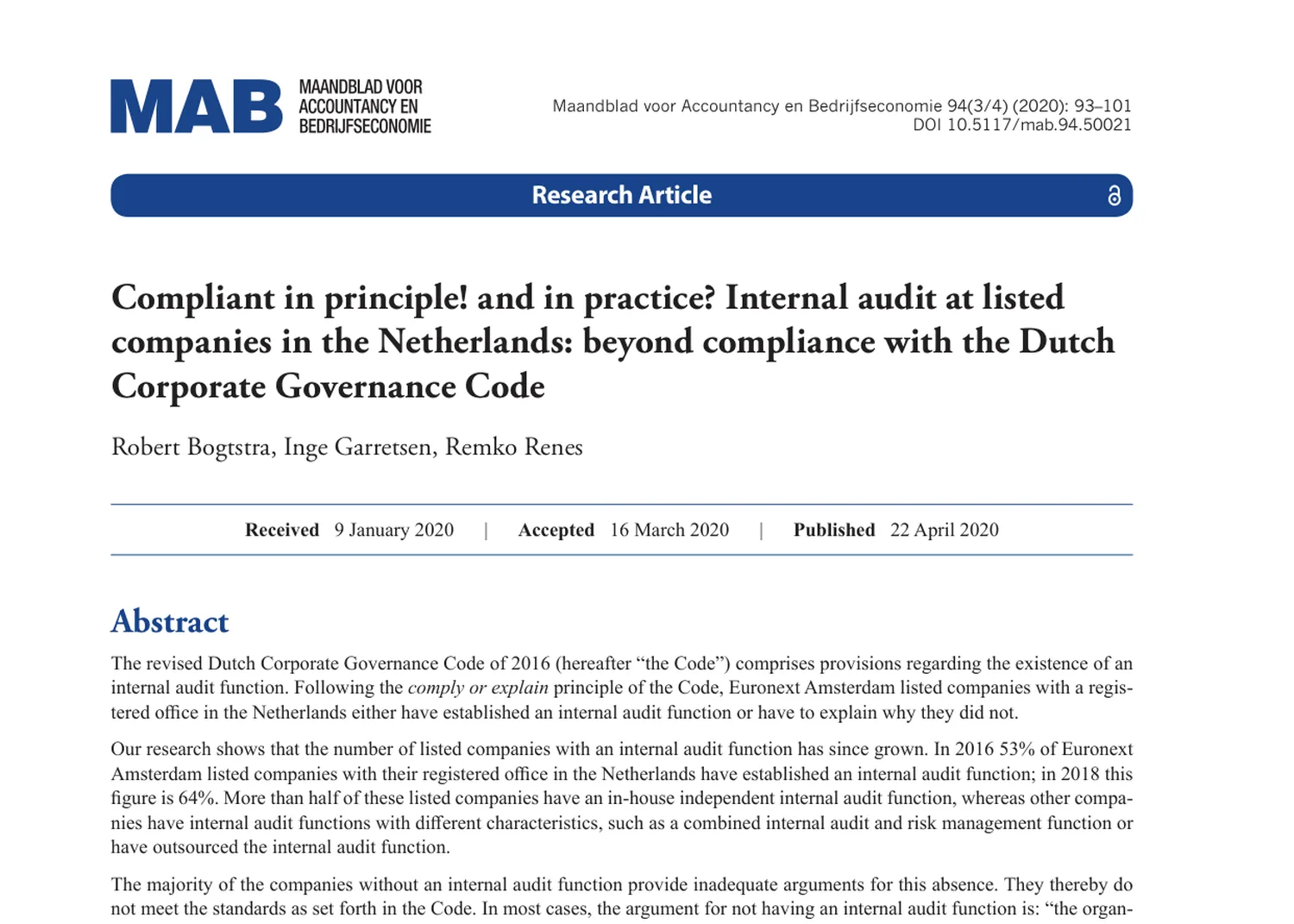 Research on internal audit at listed companies published in the MAB
